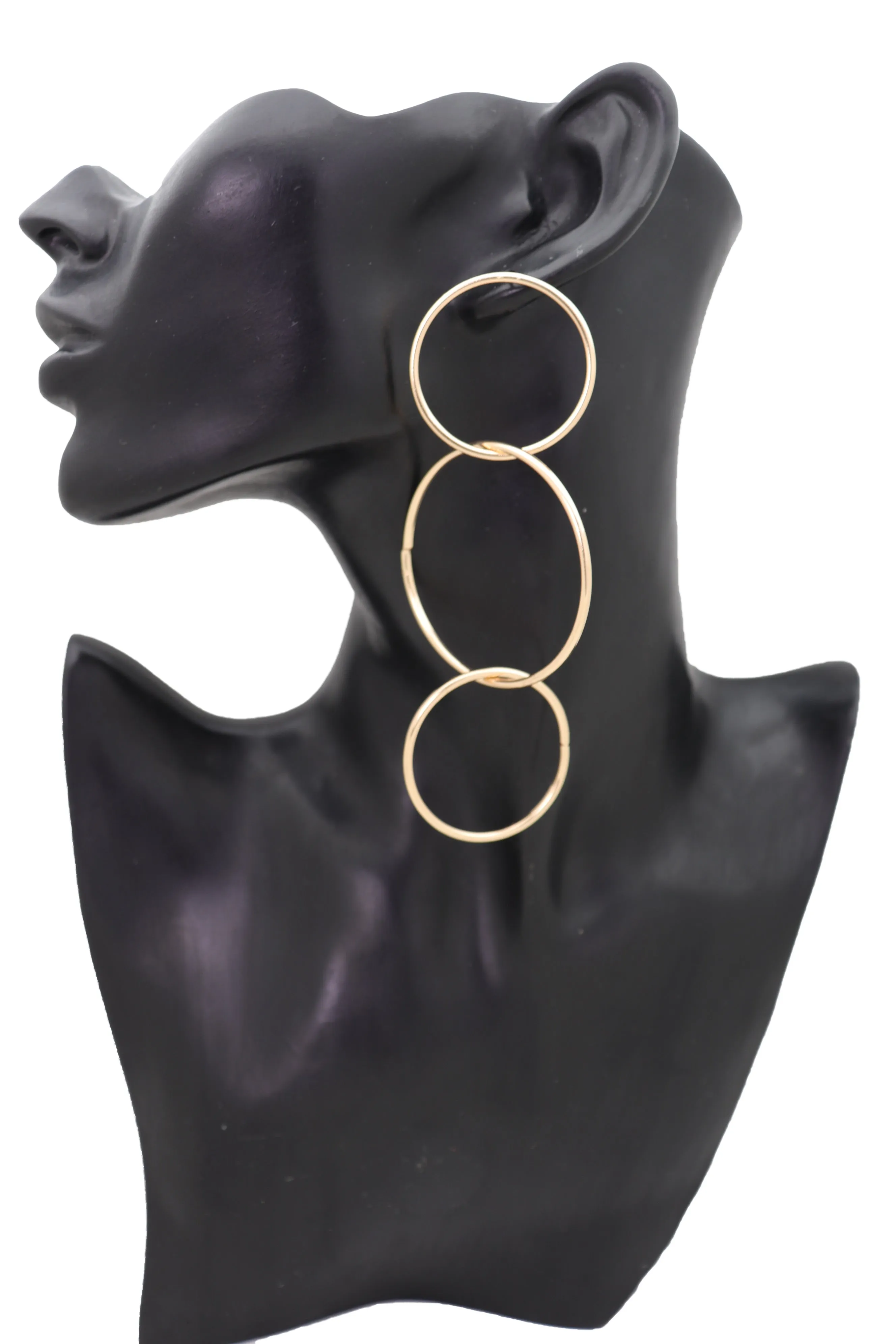 3 Linked Circles Long Drop Earrings