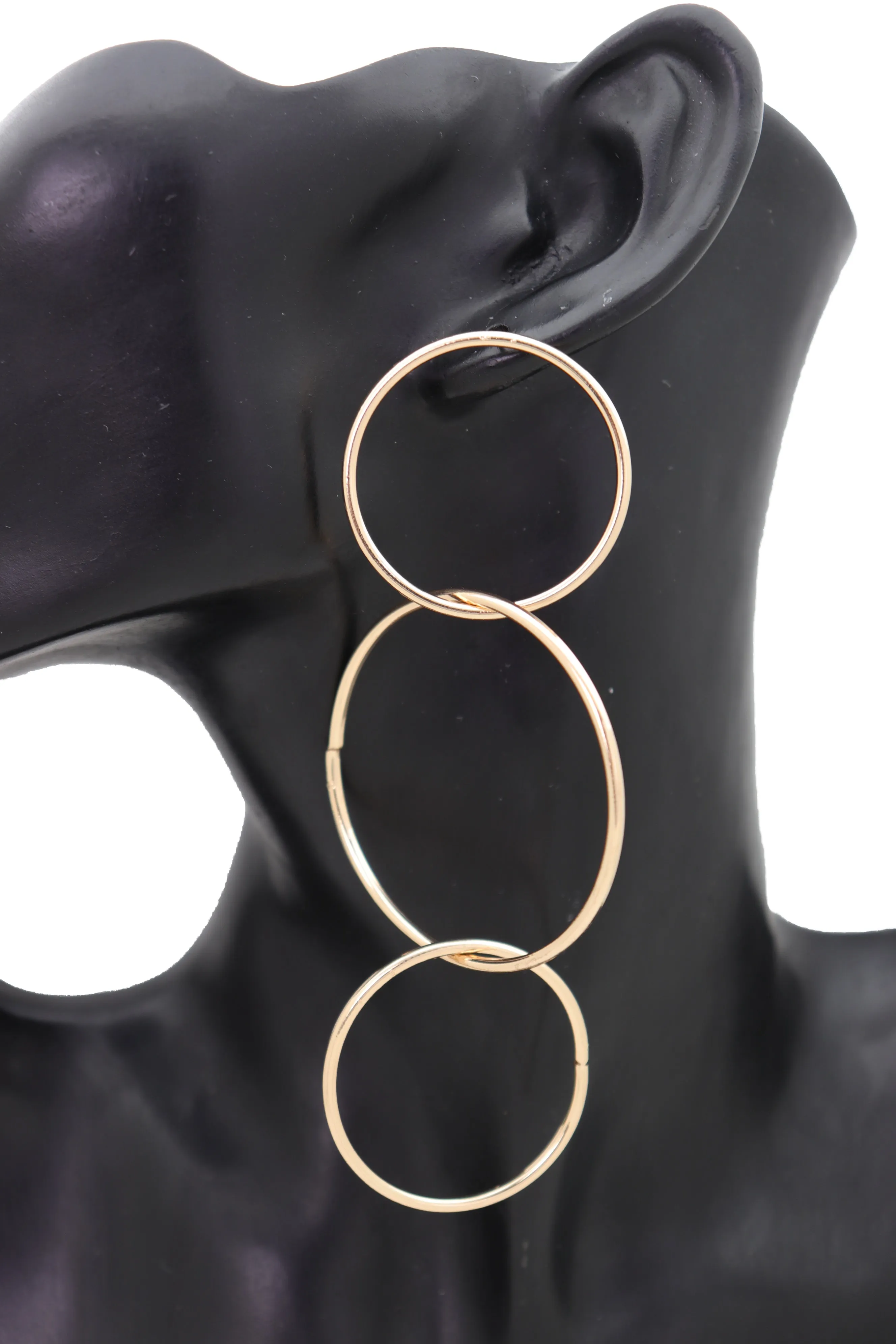 3 Linked Circles Long Drop Earrings