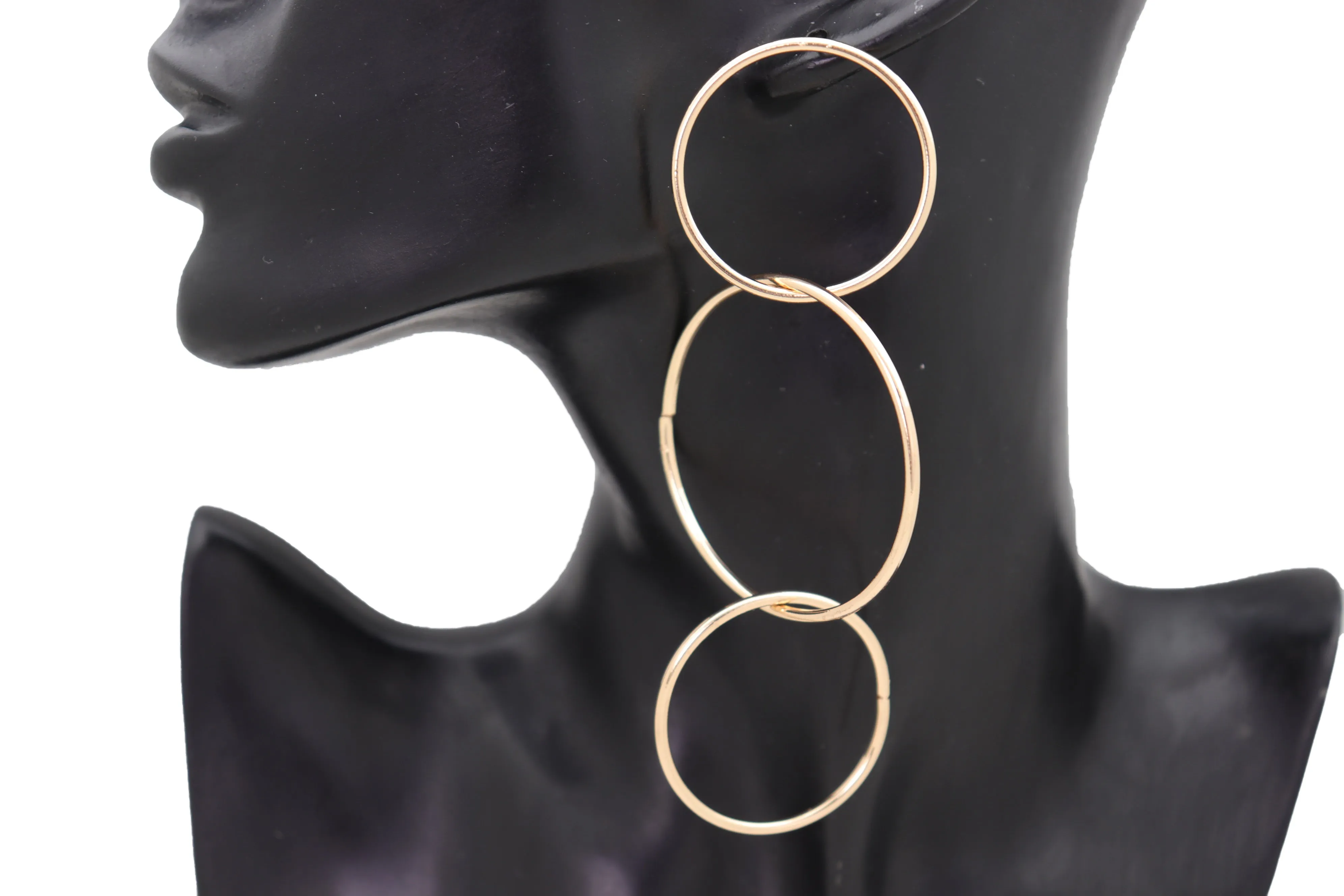 3 Linked Circles Long Drop Earrings