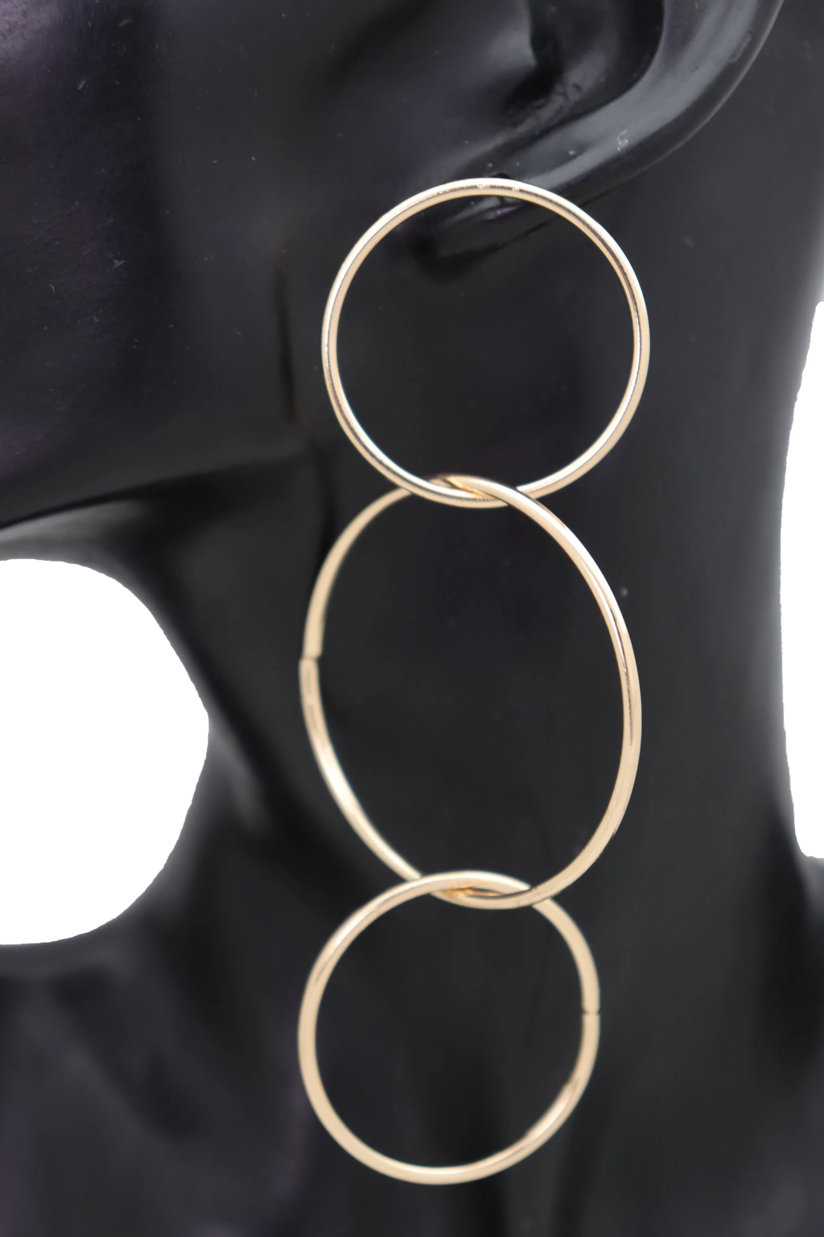 3 Linked Circles Long Drop Earrings