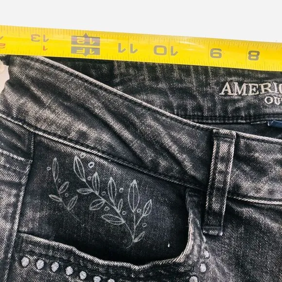 AEO American Eagle Washed Black Stencil Doodle Distressed Skinny Jeans Jegging 4