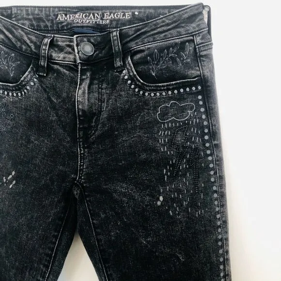AEO American Eagle Washed Black Stencil Doodle Distressed Skinny Jeans Jegging 4