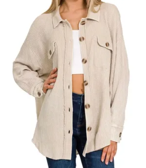 Amy Shacket - Waffle Long Sleeve Button Up Collard Shacket Top