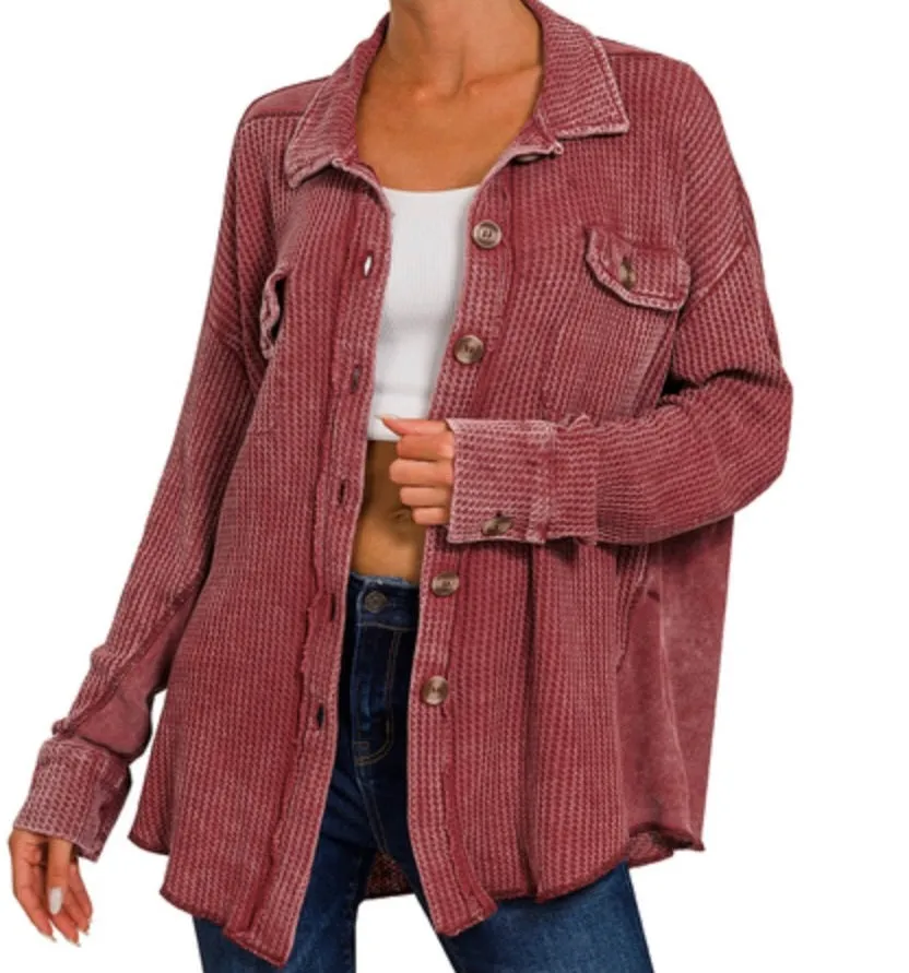 Amy Shacket - Waffle Long Sleeve Button Up Collard Shacket Top
