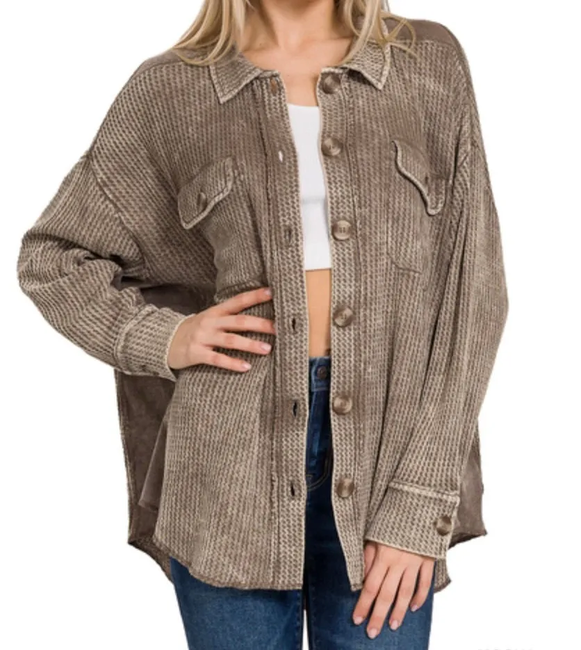 Amy Shacket - Waffle Long Sleeve Button Up Collard Shacket Top