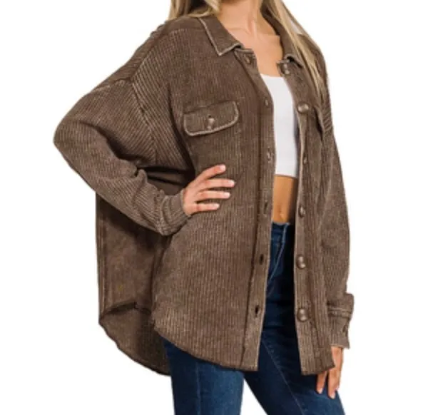 Amy Shacket - Waffle Long Sleeve Button Up Collard Shacket Top