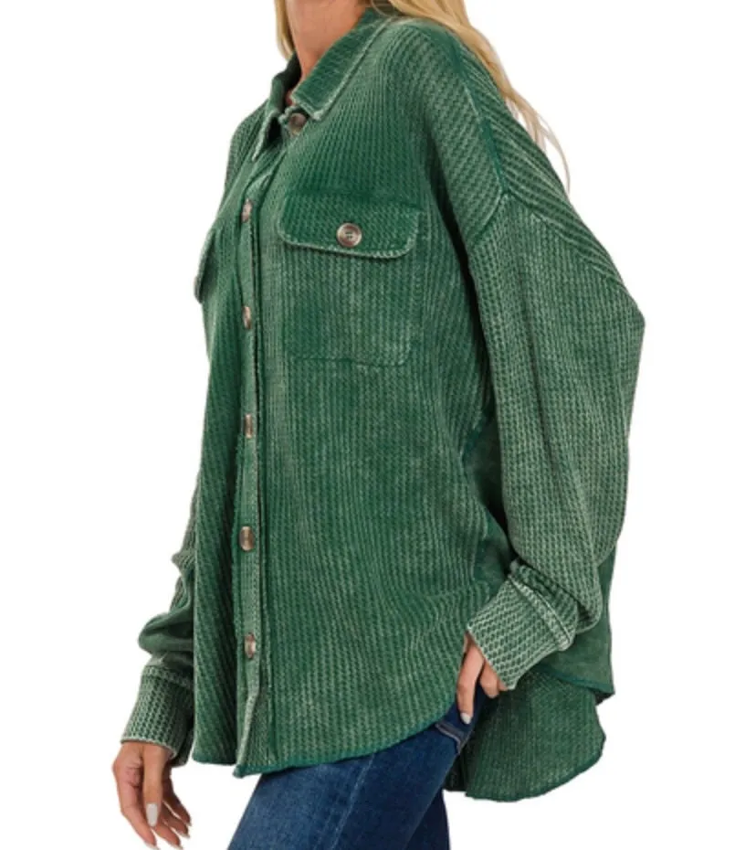 Amy Shacket - Waffle Long Sleeve Button Up Collard Shacket Top