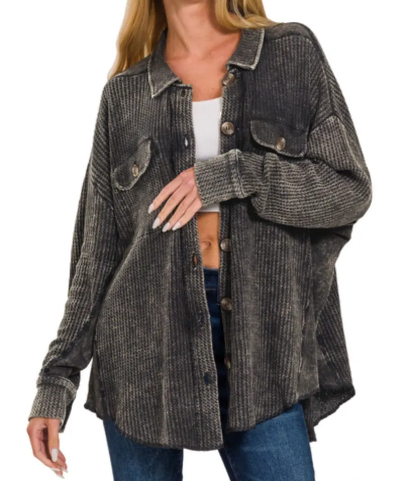 Amy Shacket - Waffle Long Sleeve Button Up Collard Shacket Top
