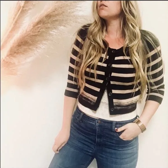 ANTHROPOLOGIE Moth Black Tan Cream Striped Mixed Materials Cardigan Sweater S