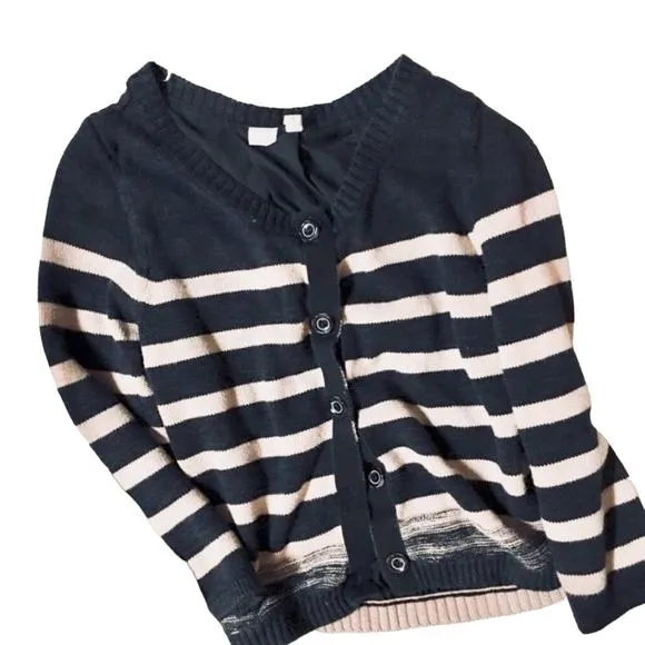ANTHROPOLOGIE Moth Black Tan Cream Striped Mixed Materials Cardigan Sweater S