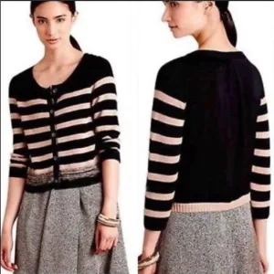 ANTHROPOLOGIE Moth Black Tan Cream Striped Mixed Materials Cardigan Sweater S