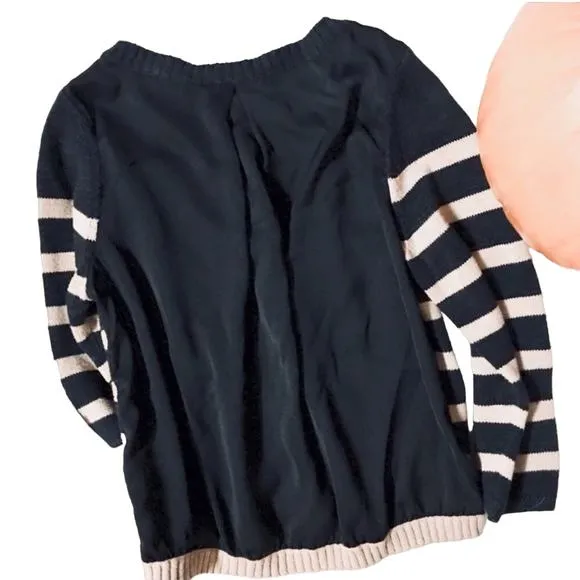 ANTHROPOLOGIE Moth Black Tan Cream Striped Mixed Materials Cardigan Sweater S