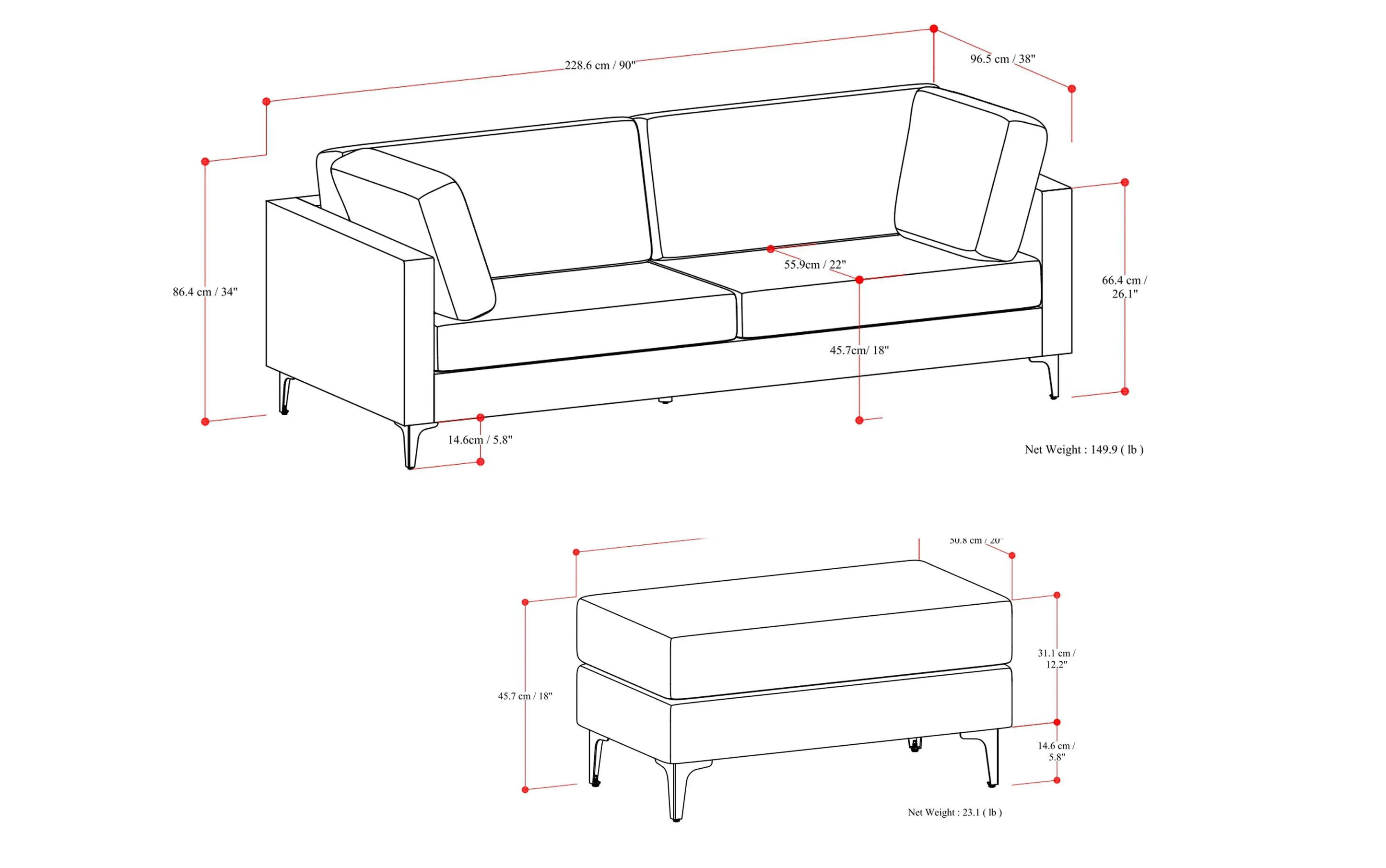 Ava 90 inch Mid Century Sofa with Ottoman Set