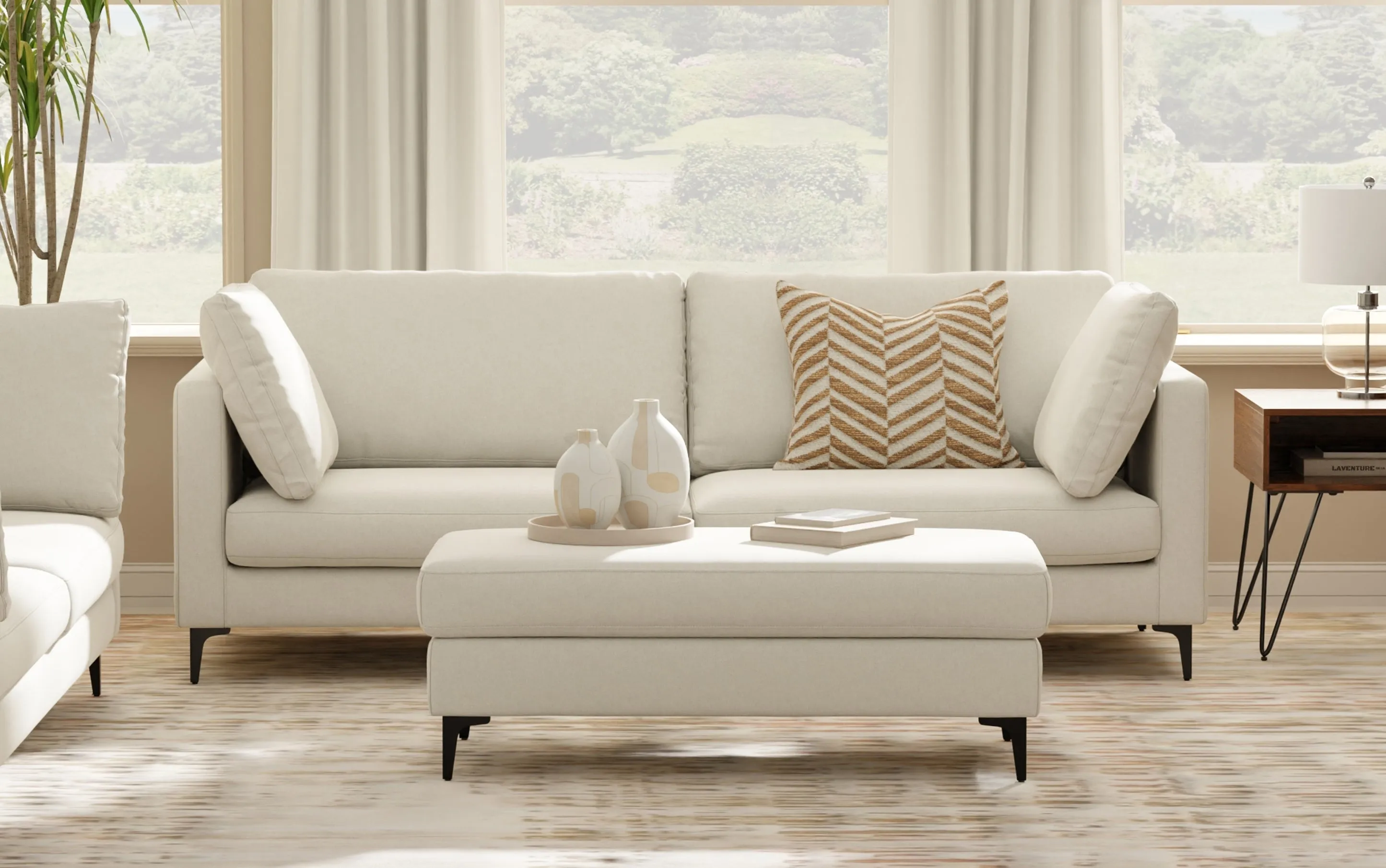 Ava 90 inch Mid Century Sofa with Ottoman Set
