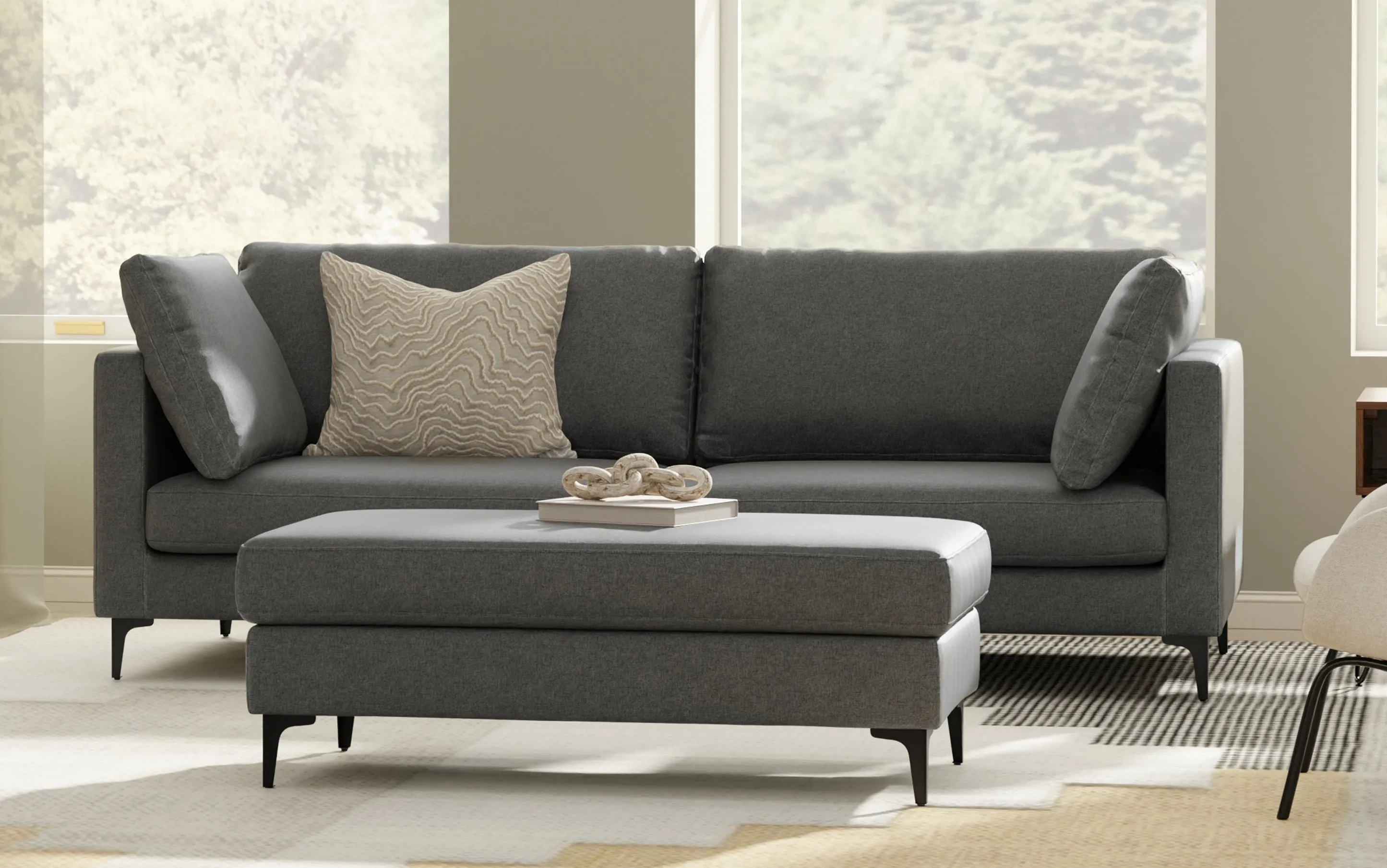 Ava 90 inch Mid Century Sofa with Ottoman Set