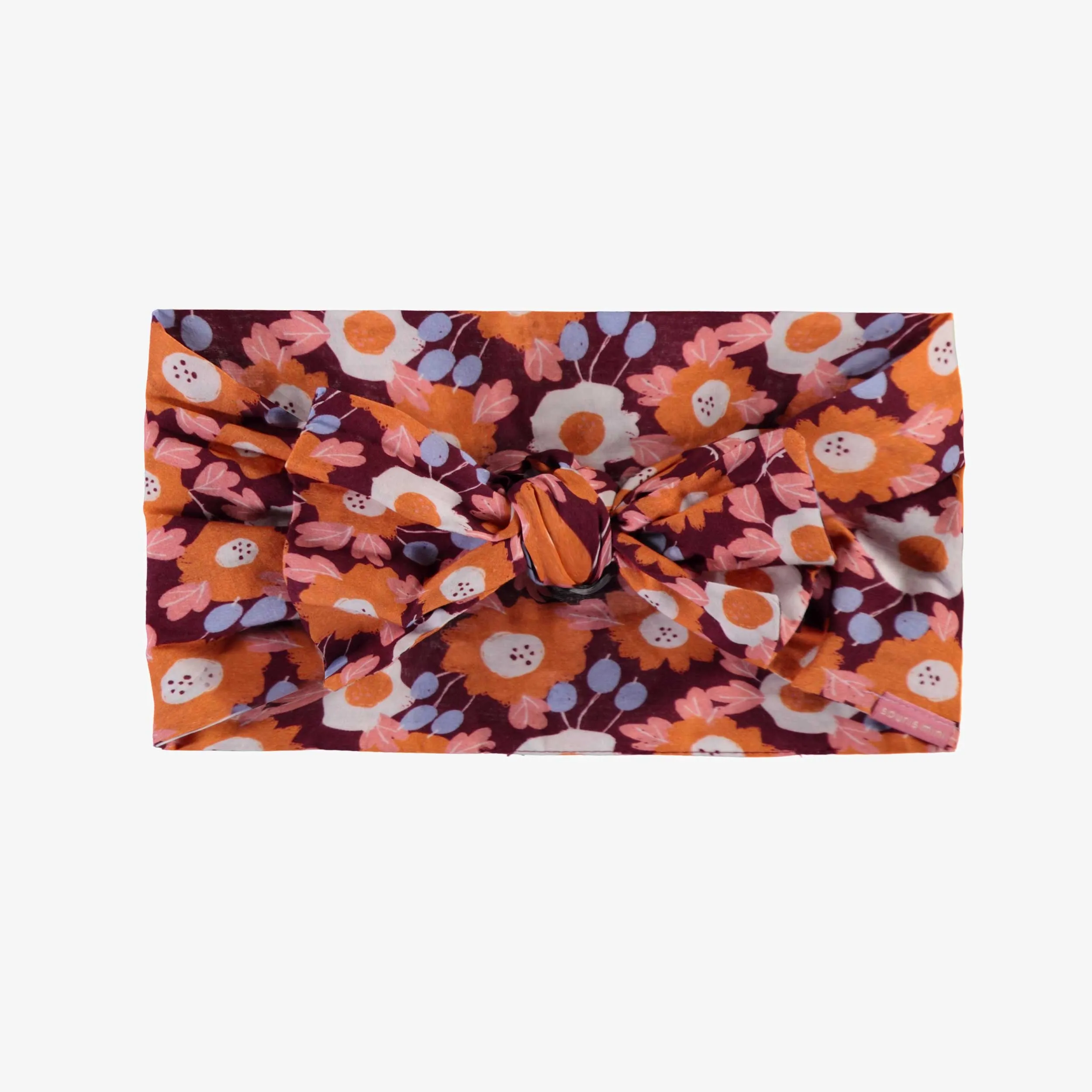 Bandeau orangé fleuri avec noeud en voile, enfant || Flowery orangy headband in cotton veil with bow, child