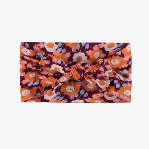 Bandeau orangé fleuri avec noeud en voile, enfant || Flowery orangy headband in cotton veil with bow, child
