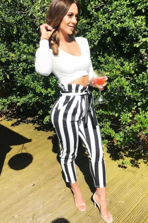 Black and White Striped Tie Waist Tapered Trousers - Dura