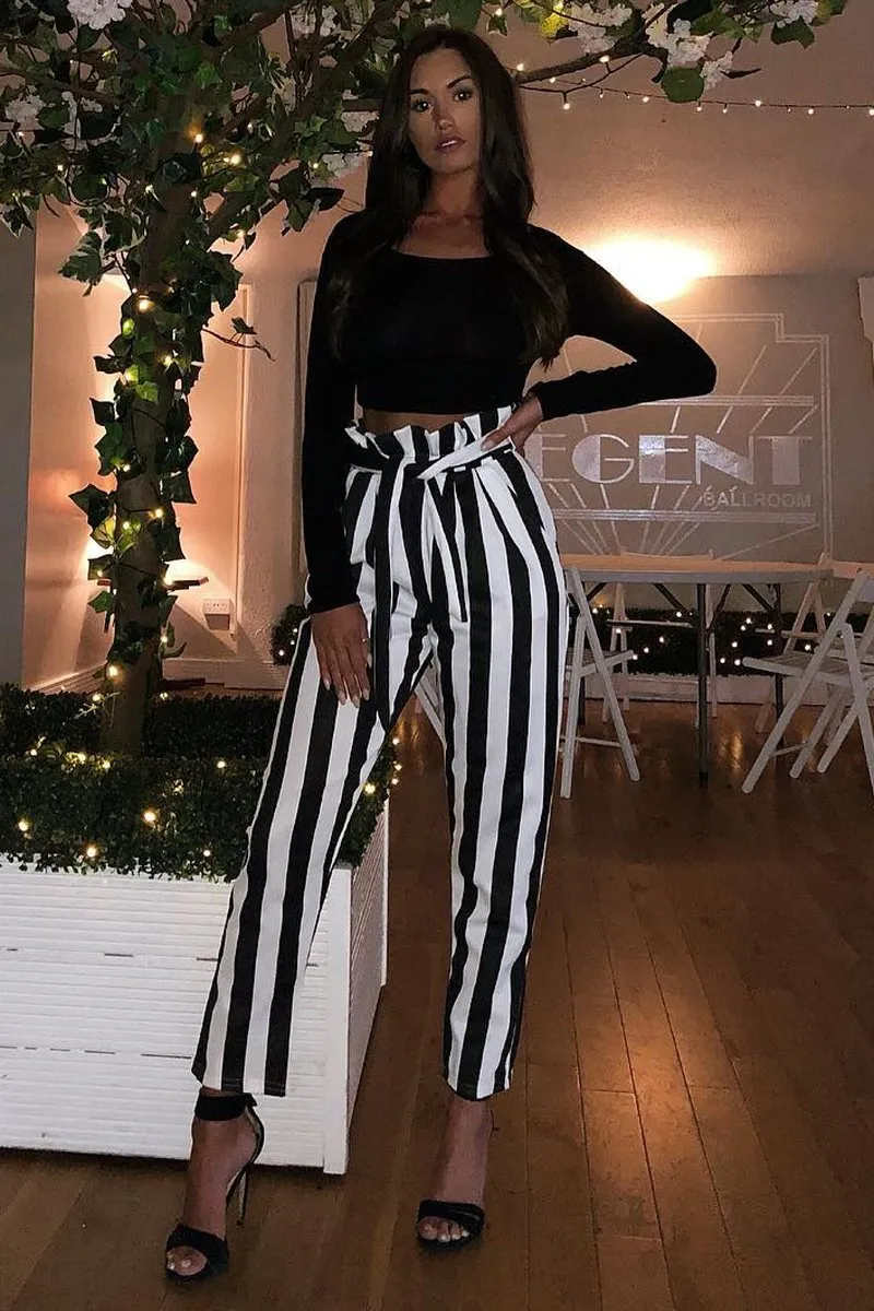 Black and White Striped Tie Waist Tapered Trousers - Dura