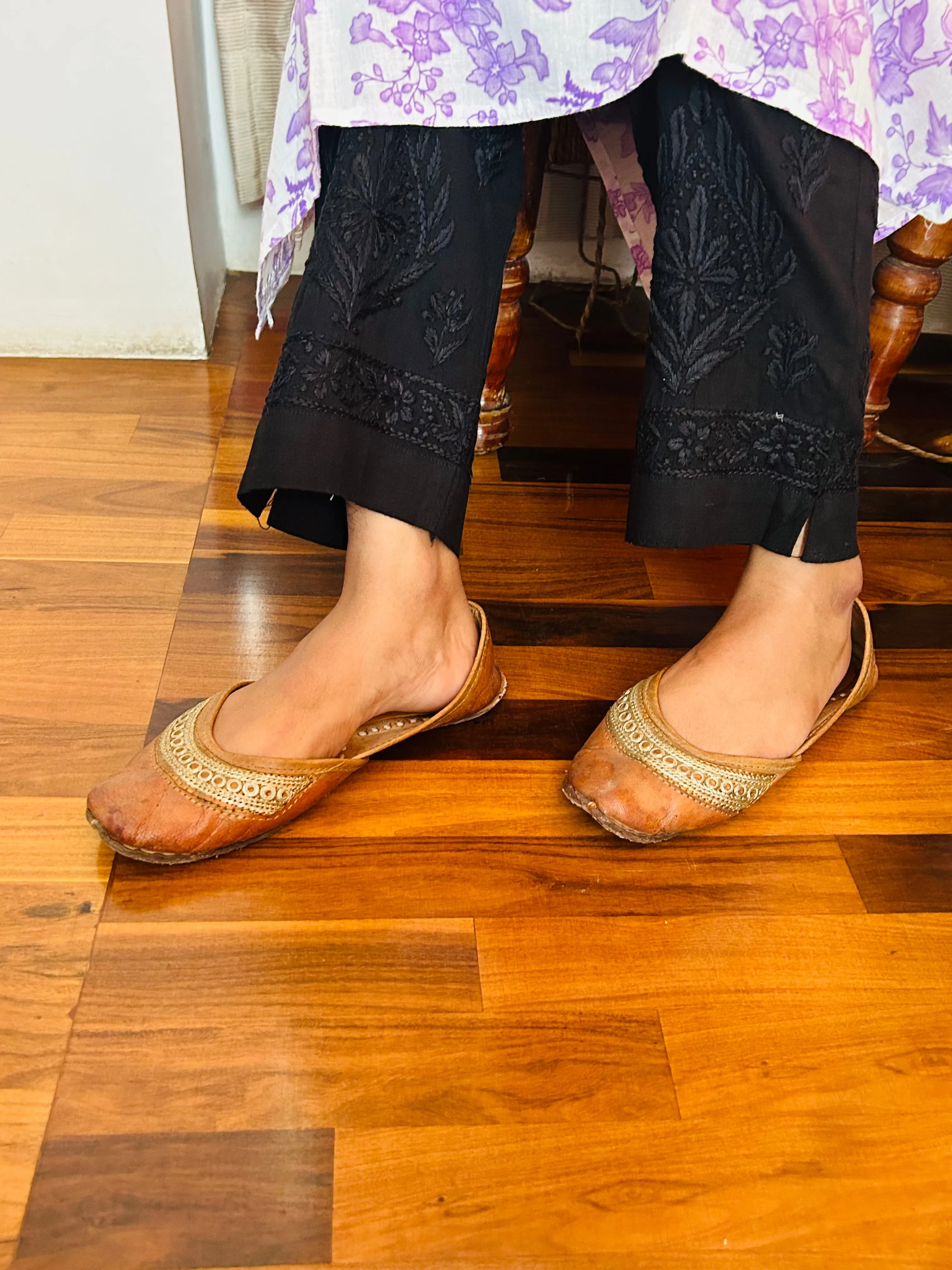 Black Chikankari Straight Pant Stretchable