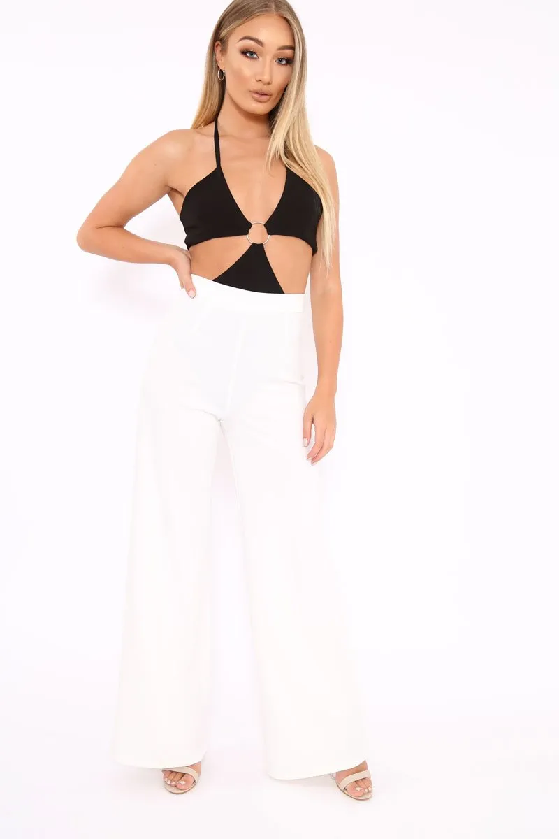 Black Halterneck Ring Front Extreme Cut Out Bodysuit - Helayna