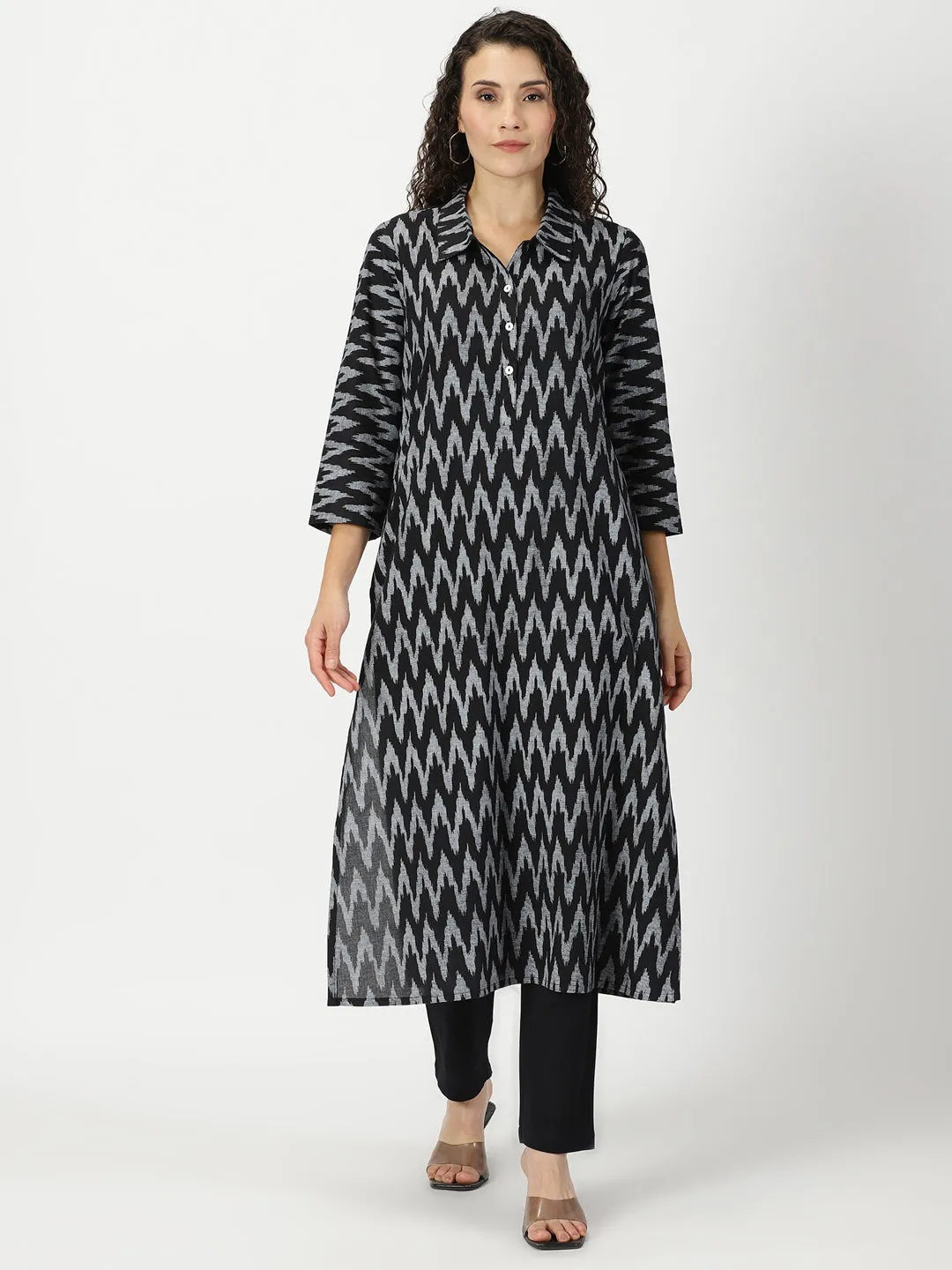 Black Ikat Print Shirt Collar Kurta