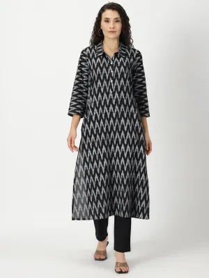 Black Ikat Print Shirt Collar Kurta
