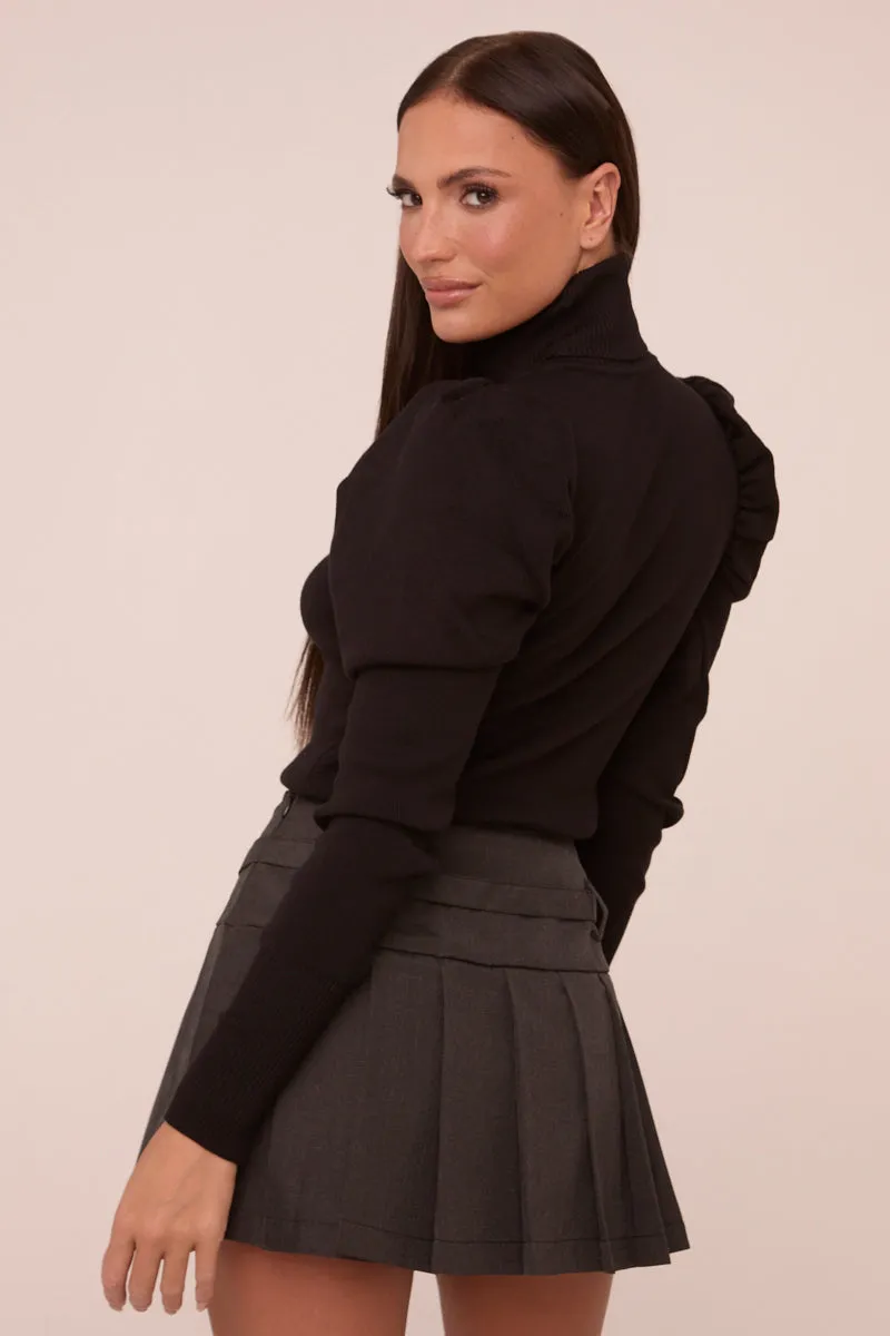 Black Knit High Neck Puff Sleeve Jumper - Amanza