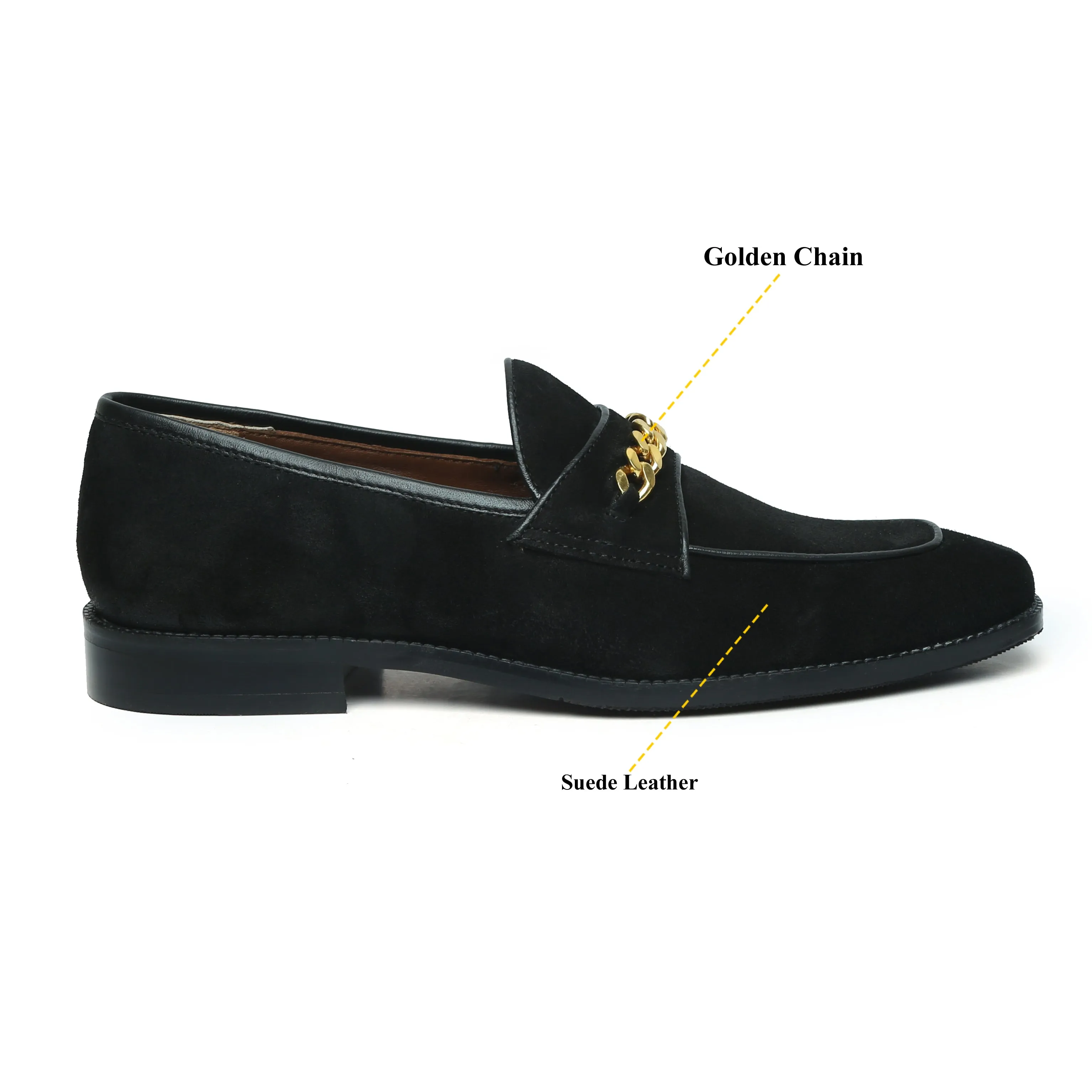 Black Suede Leather Penny Loafers with Golden Chain Embellishment