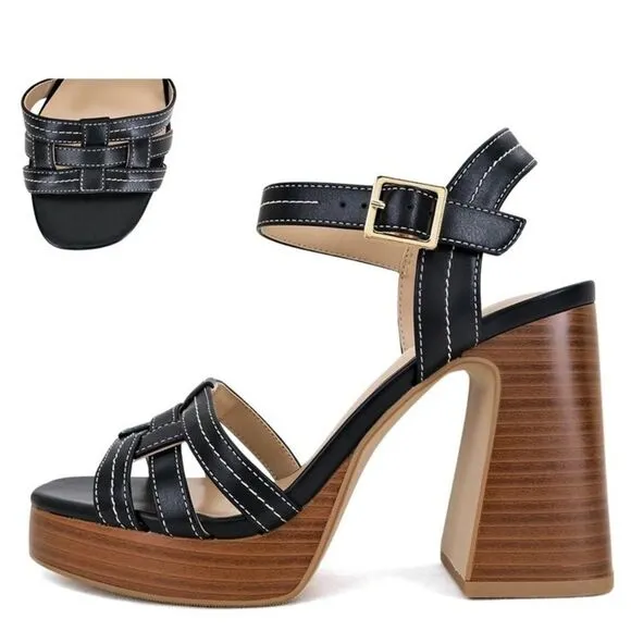 BLACK TRIM PLATFORM WOOD WEDGE HEEL - NON-BRANDED