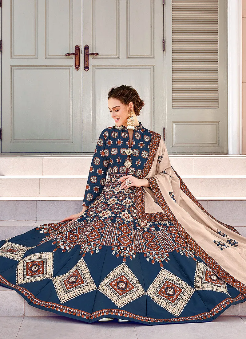 Blue And Beige Patola Print Cotton Silk Anarkali Suit