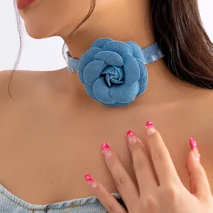 Blue Denim Strip with Large Flower Choker