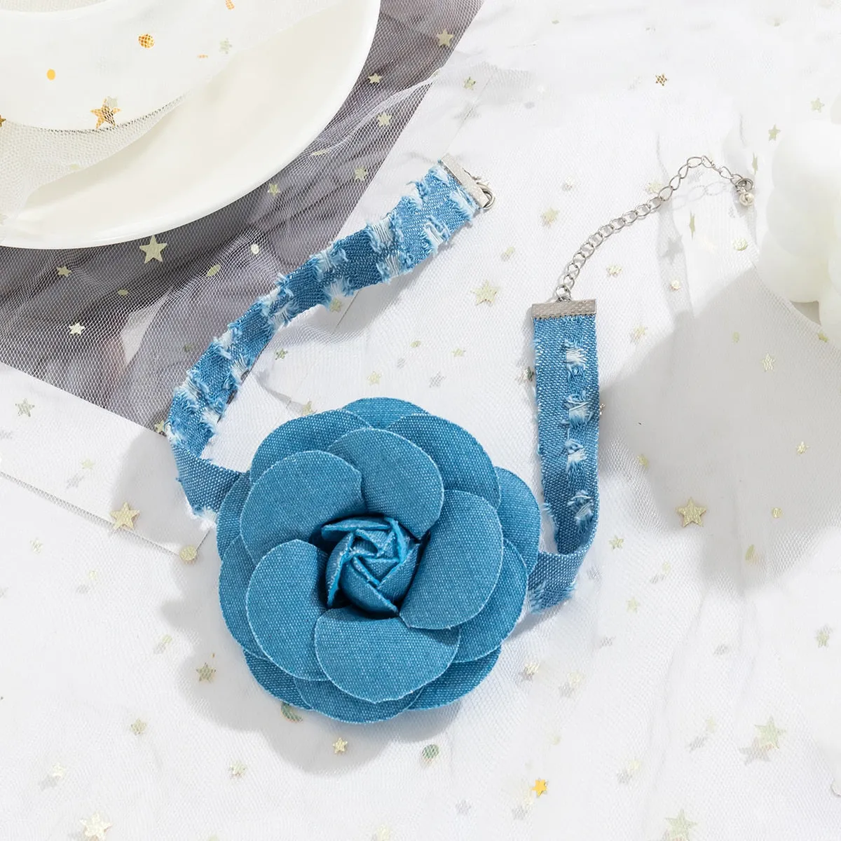 Blue Denim Strip with Large Flower Choker