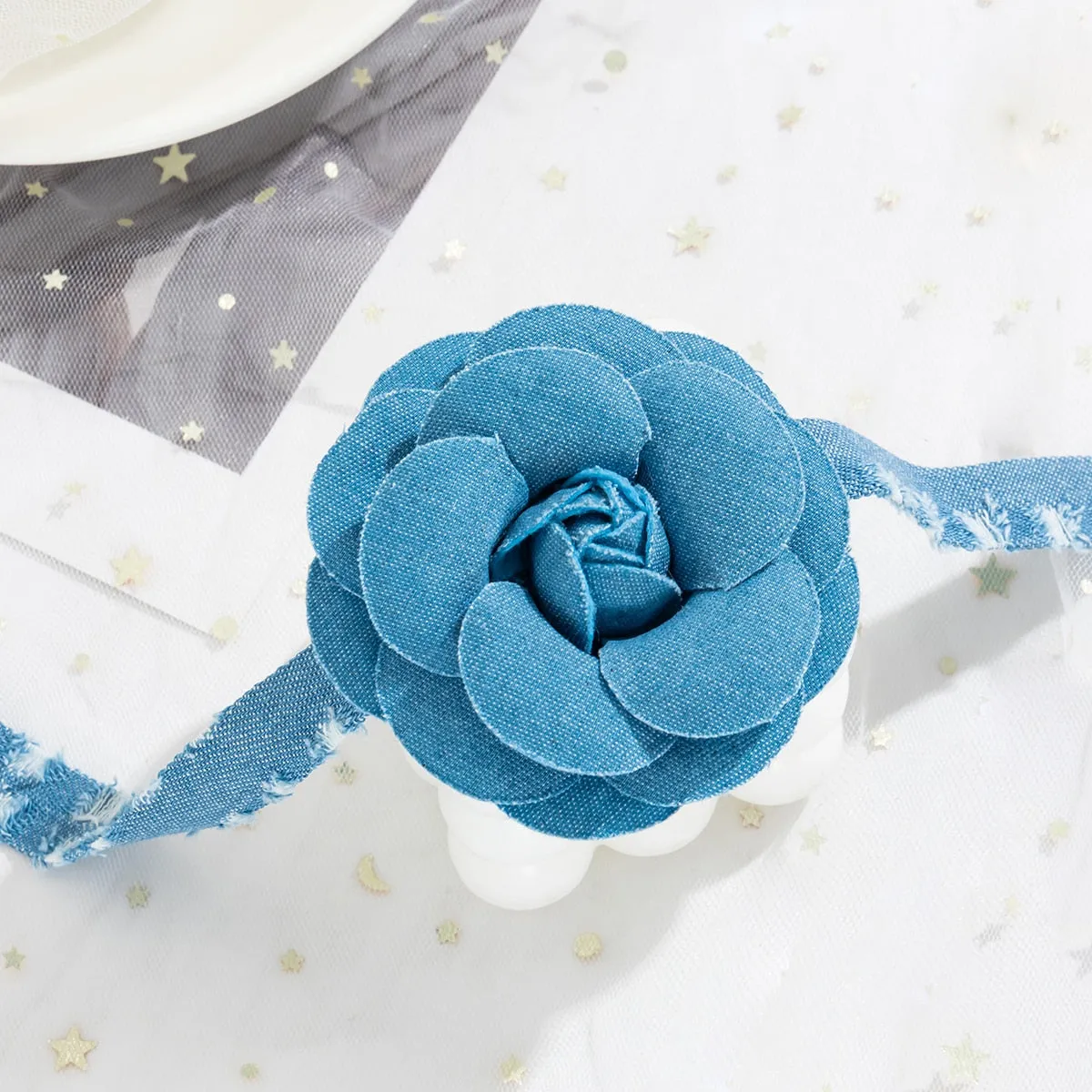 Blue Denim Strip with Large Flower Choker