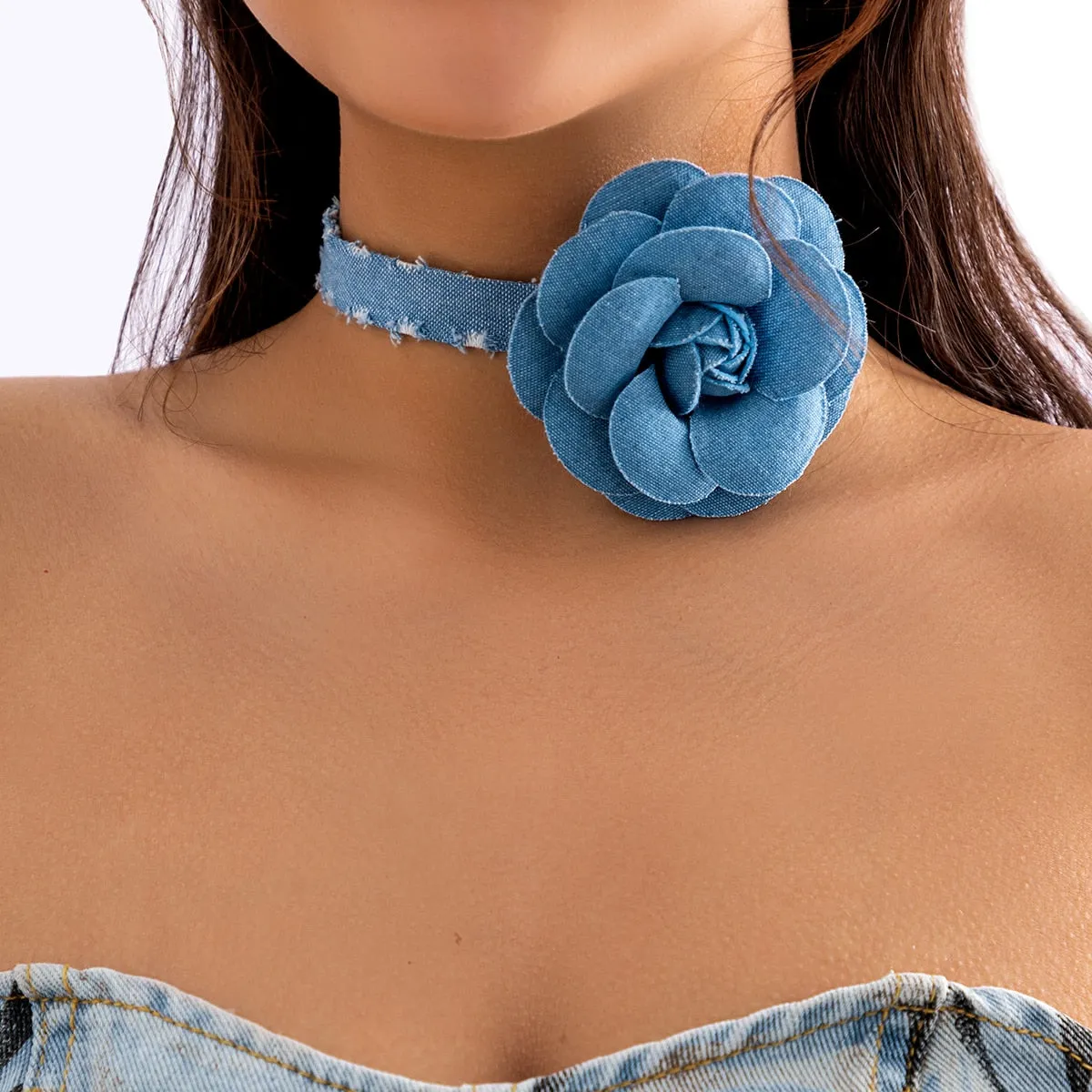 Blue Denim Strip with Large Flower Choker
