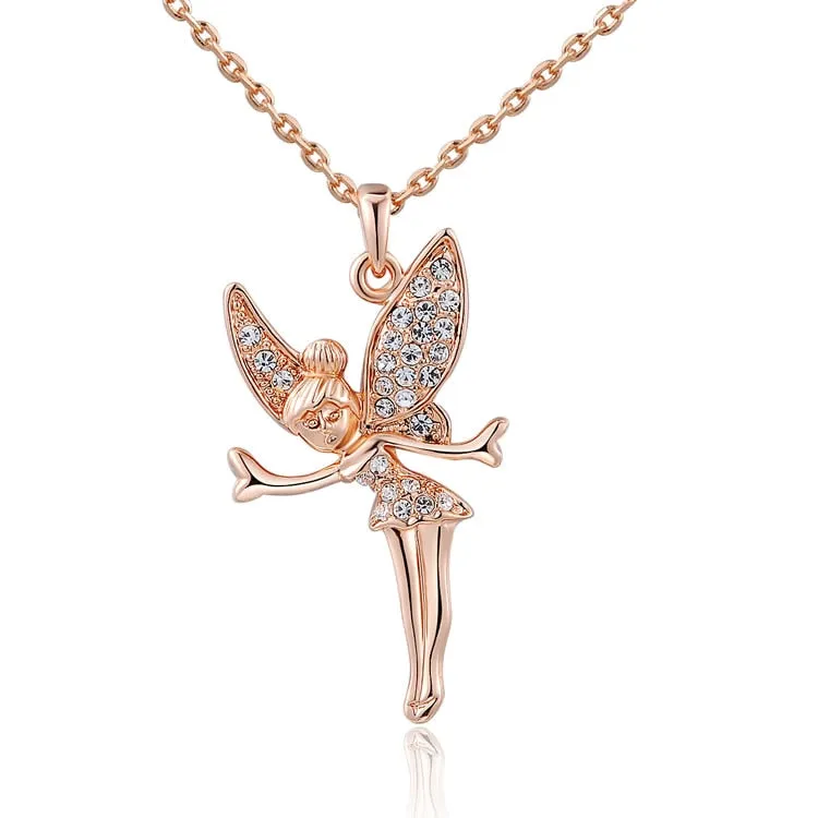 BOAKO Zircon Lovely Angel Necklace Rose Gold Color Collier Femme Crystal Wing Tinkerbell Fairy