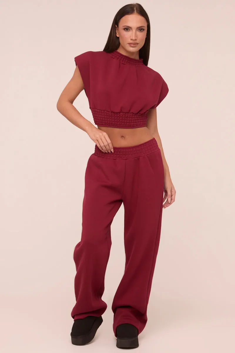 Burgundy Shirring Detail Cropped Top & Straight Leg Trousers Co-ord Set - Harley