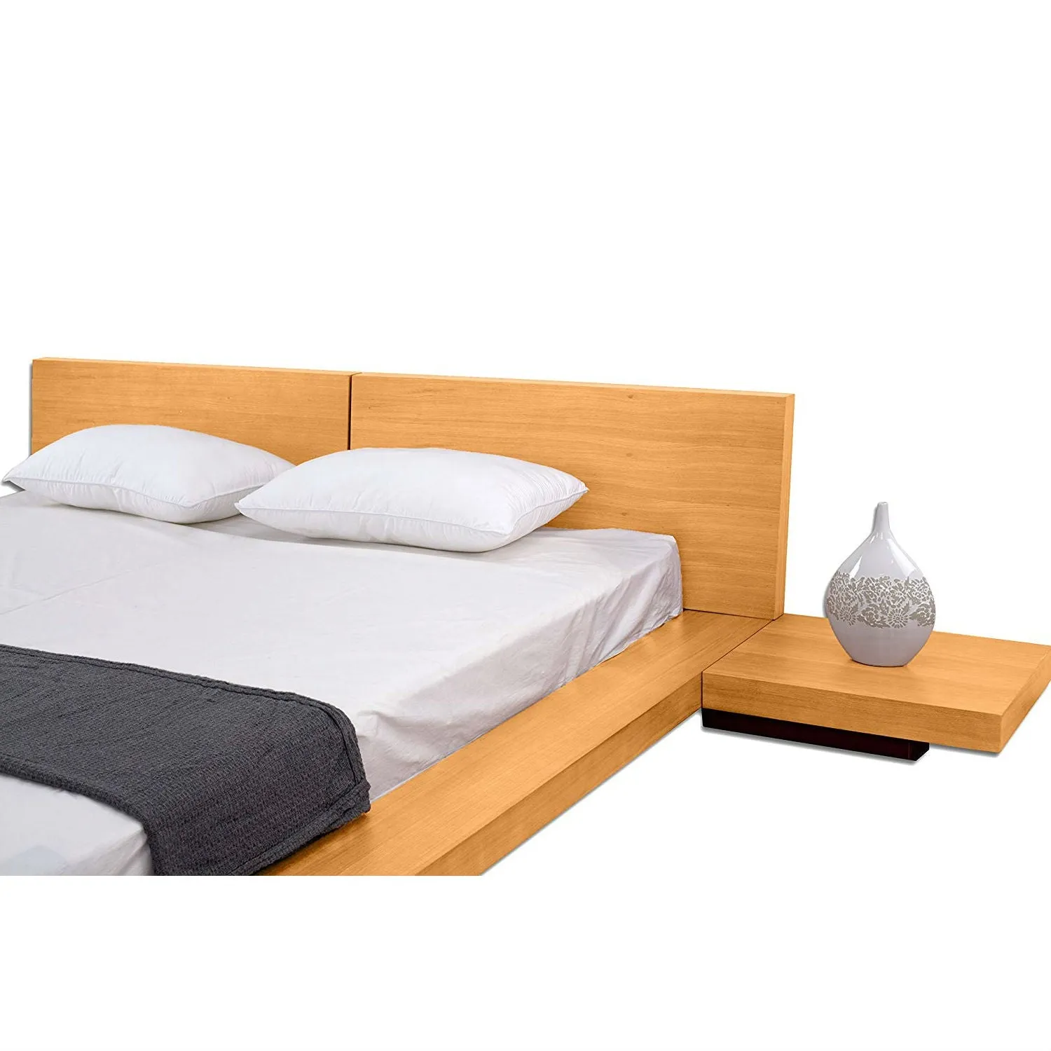 California King size Modern Platform Bed with Headboard and 2 Nightstands in Oak