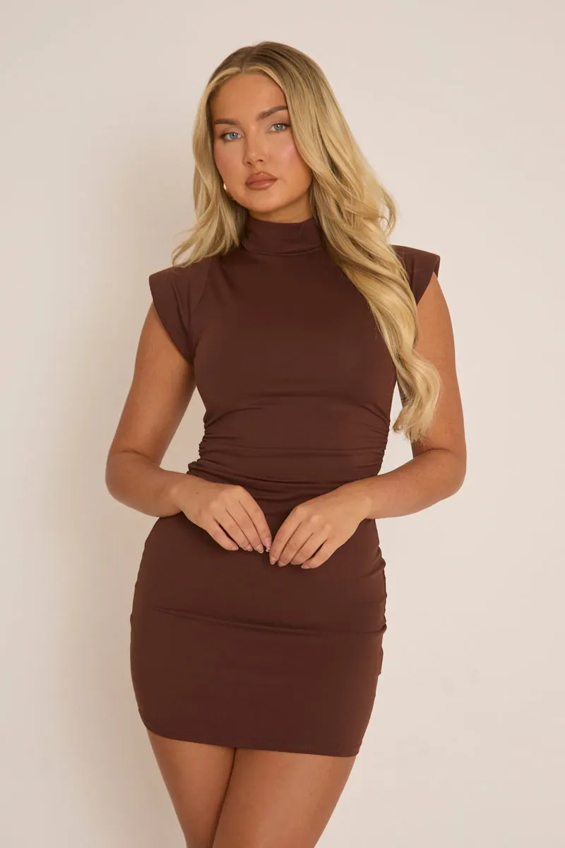Chocolate High Neck Shoulder Pads Ruched Mini Dress - Meliana