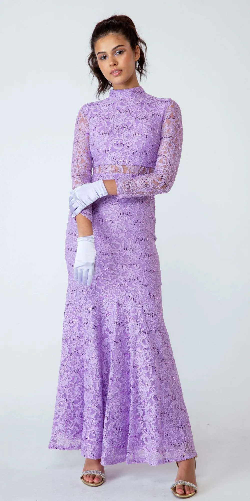 CLEARANCE - Eureka 2095 Long Sleeve Lace Dress Mock 2-Piece High Neck (Size Medium)