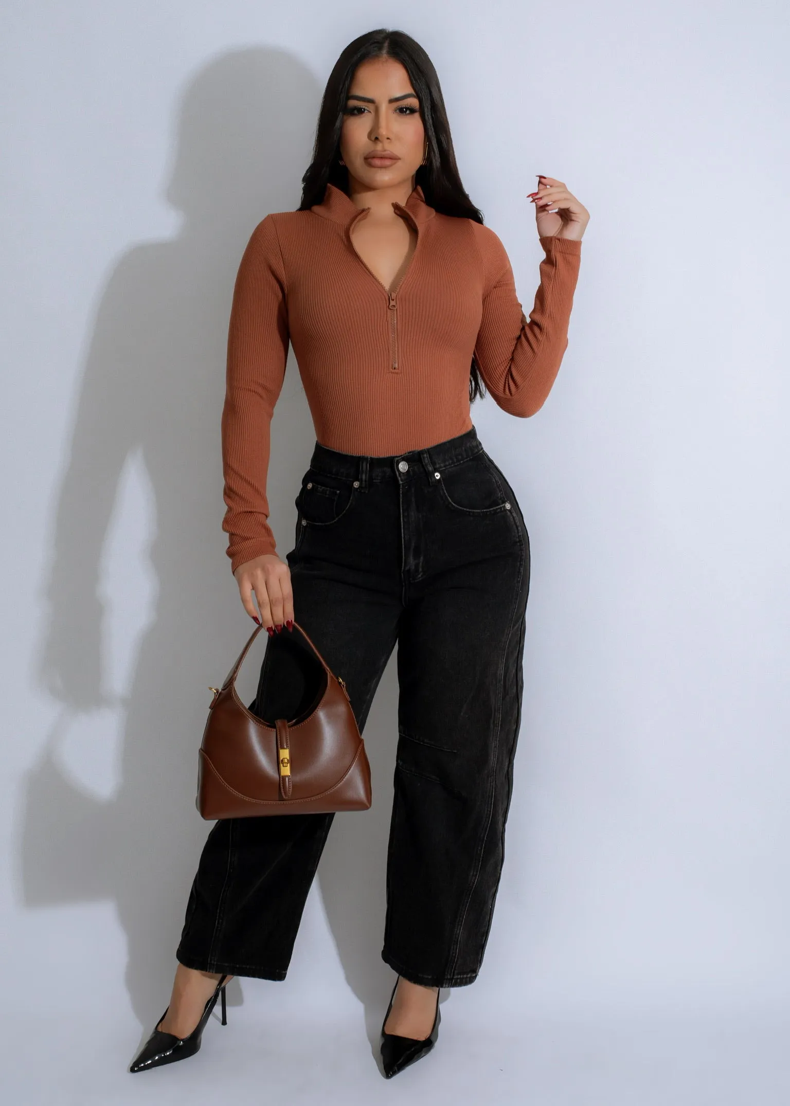 Contour Zip Ribbed Bodysuit Brown