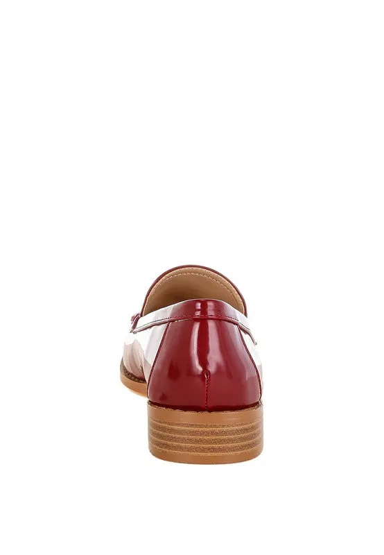 Corleone Pleather Loafers - Stacked Heel, Cushion Insole, Closed Toe, Beige/Burgundy/Silver/Black