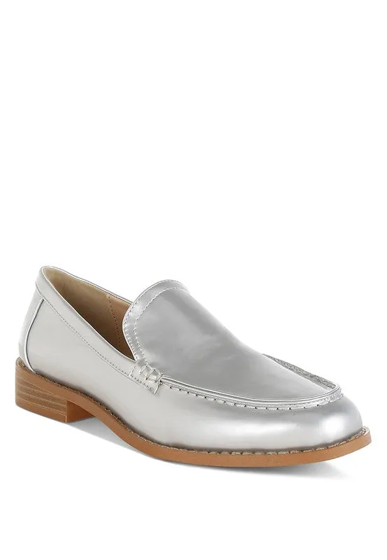 Corleone Pleather Loafers - Stacked Heel, Cushion Insole, Closed Toe, Beige/Burgundy/Silver/Black