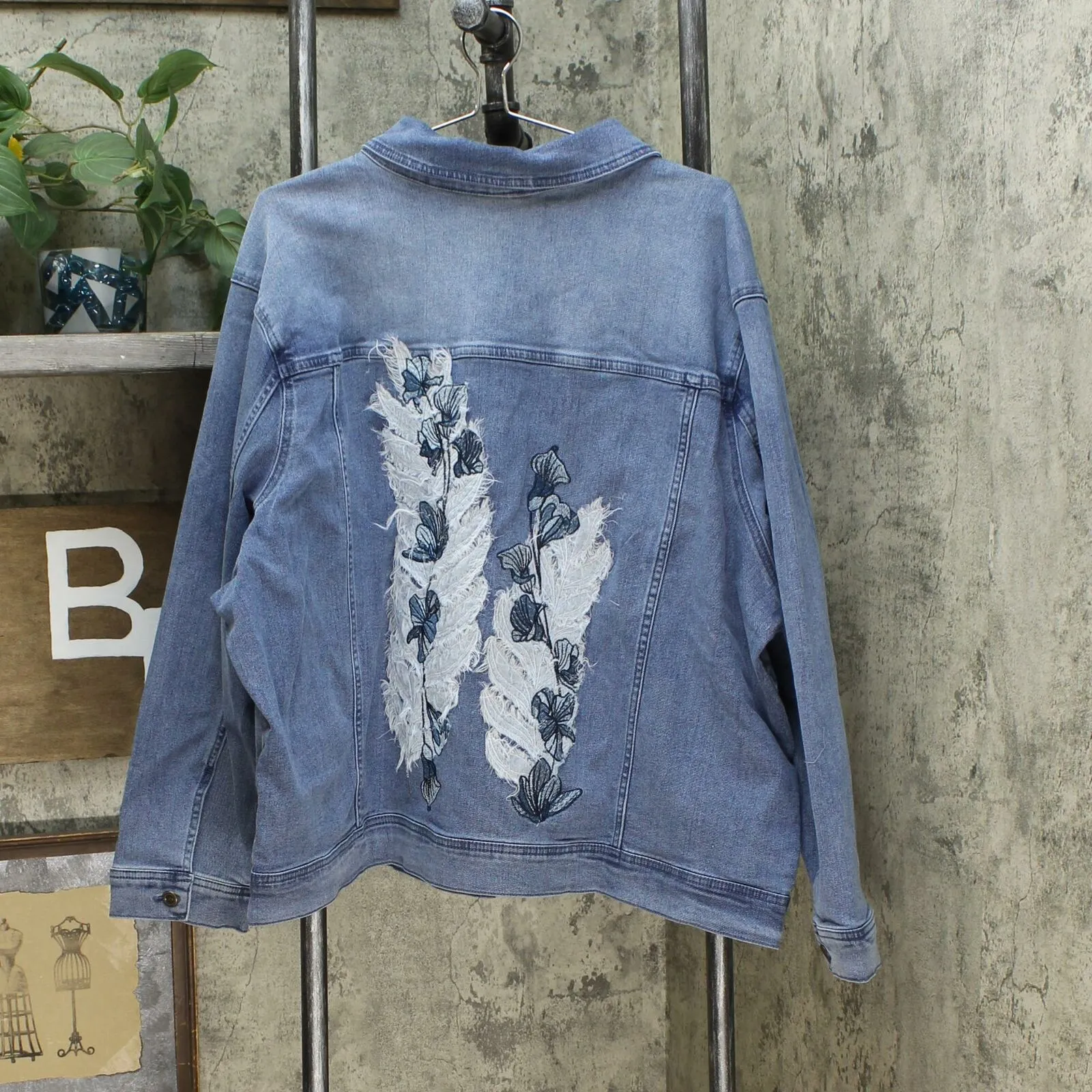 DG2 by Diane Gilman Leaf Embroidered Trucker Jean Jacket Midtone Plus 3X