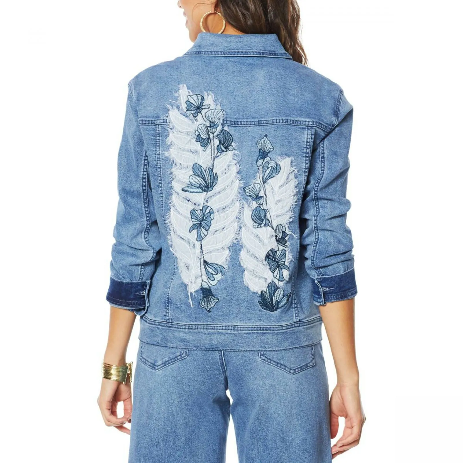 DG2 by Diane Gilman Leaf Embroidered Trucker Jean Jacket Midtone Plus 3X