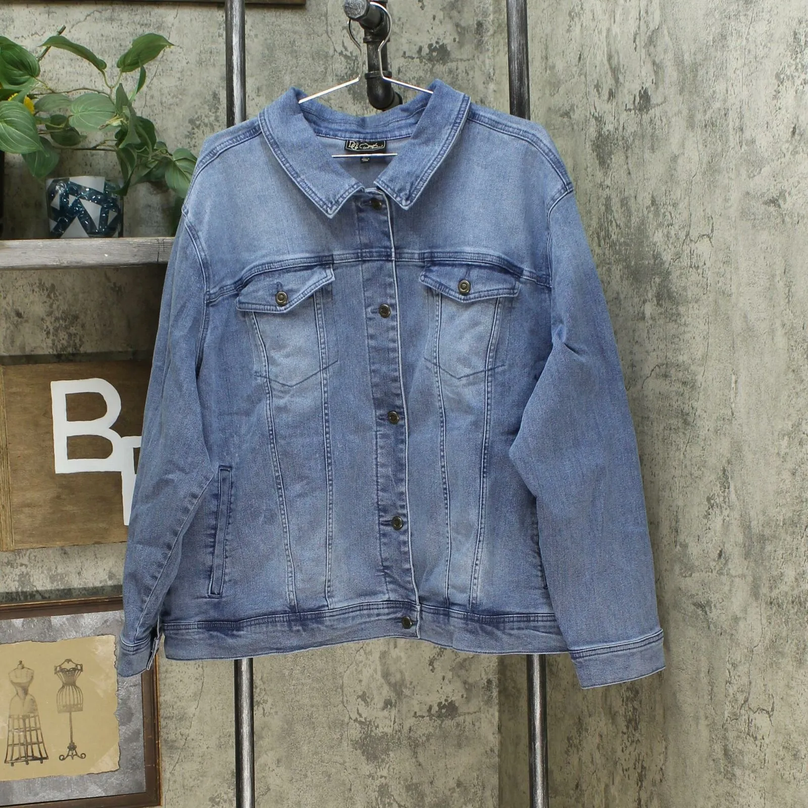 DG2 by Diane Gilman Leaf Embroidered Trucker Jean Jacket Midtone Plus 3X