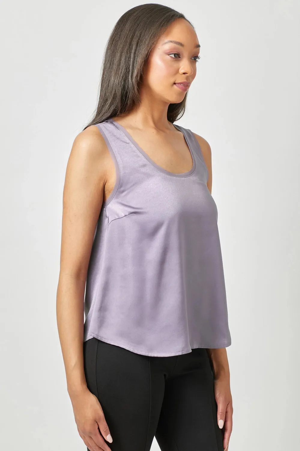 Dressy Scoop Neck Satin Shell with Mesh Trim Lavender