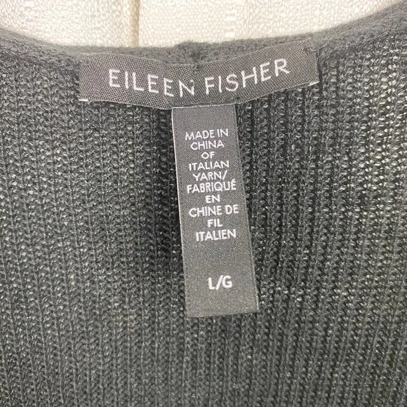 Eileen Fisher Black Linen&amp;Cotton Ribbed Long Sleeve Open Front Cardigan Sz.L