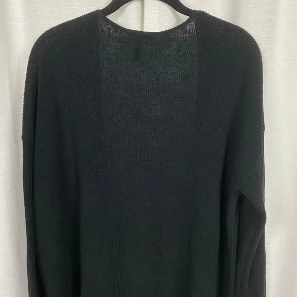 Eileen Fisher Black Linen&amp;Cotton Ribbed Long Sleeve Open Front Cardigan Sz.L