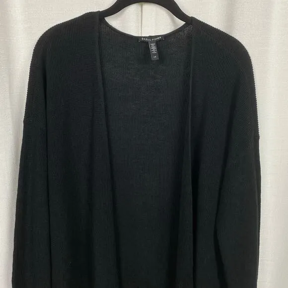 Eileen Fisher Black Linen&amp;Cotton Ribbed Long Sleeve Open Front Cardigan Sz.L